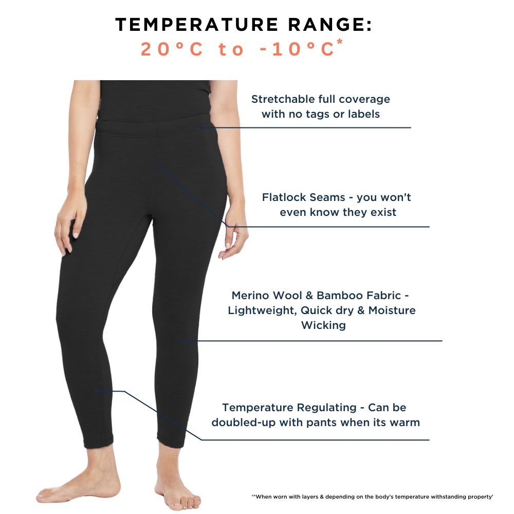 Black Merino Wool & Bamboo Thermal Leggings | Women
